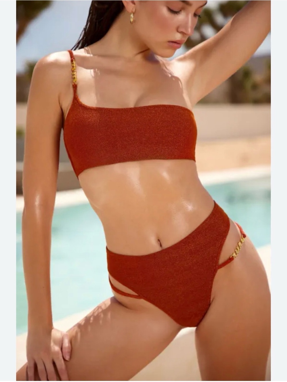 Rust One-Shoulder Chain Accent High-Waist Bikini Set - Women Swim